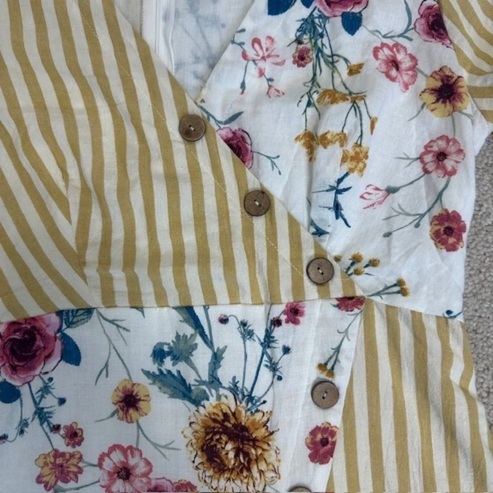 Entro Colorblock Floral Stripe‎ Mini Dress Button Front V Neck Short Sleeve Sz M